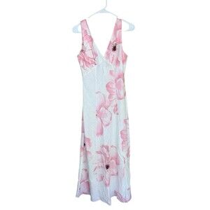 Paper Heart Pink White Floral Maxi Dress V Neck NWT Small Sleeveless Linen Blend